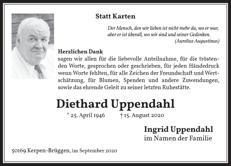  Traueranzeige für Diethard Uppendahl vom 18.09.2020 aus  Werbepost 