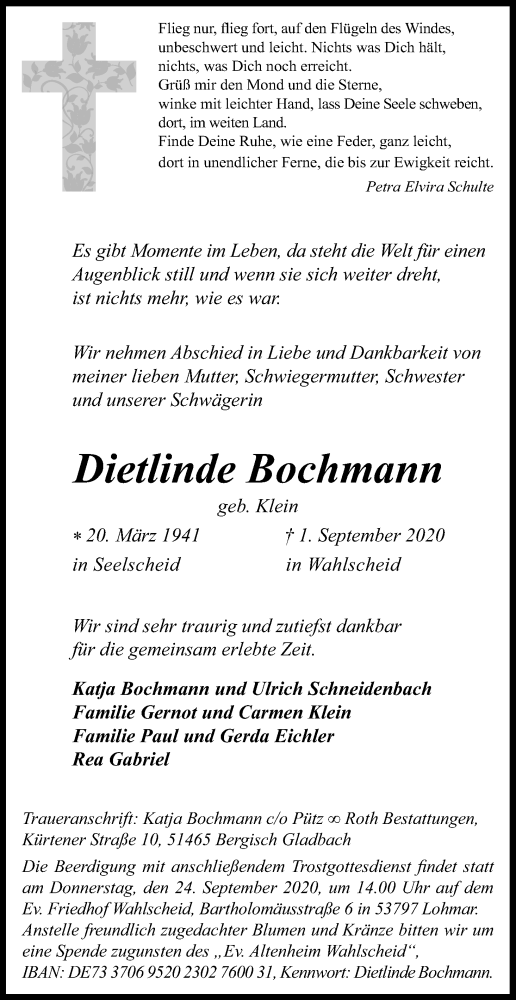  Traueranzeige für Dietlinde Bochmann vom 12.09.2020 aus Kölner Stadt-Anzeiger / Kölnische Rundschau / Express