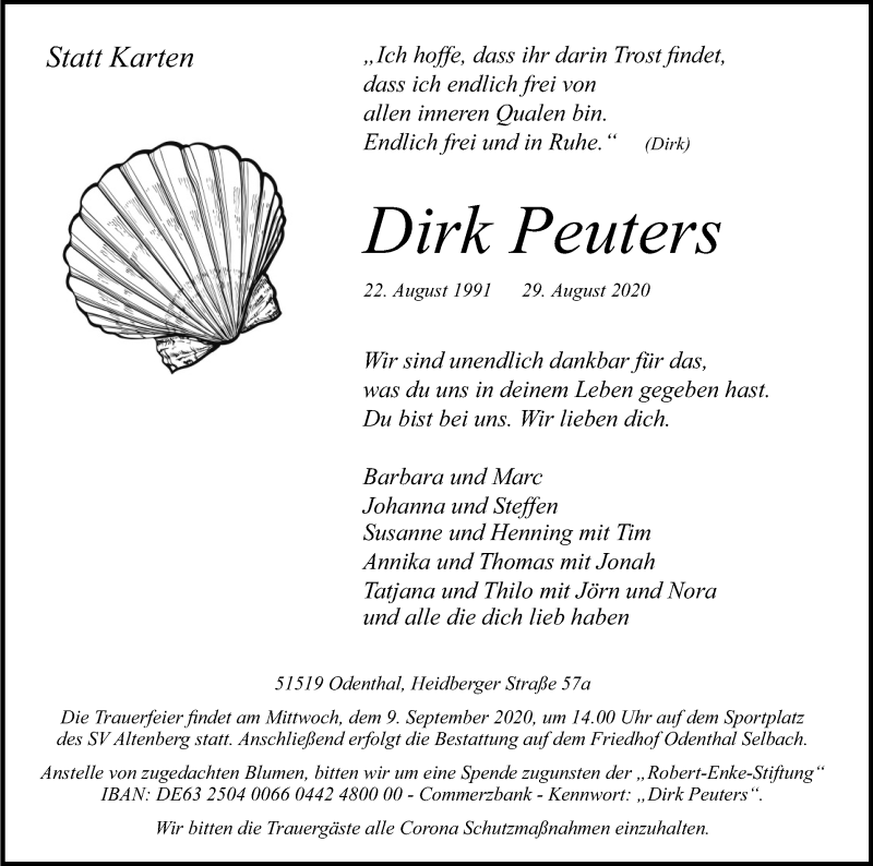  Traueranzeige für Dirk Peuters vom 05.09.2020 aus Kölner Stadt-Anzeiger / Kölnische Rundschau / Express