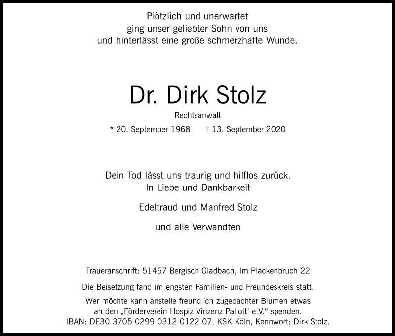 Traueranzeige für Dirk Stolz vom 26.09.2020 aus Kölner Stadt-Anzeiger / Kölnische Rundschau / Express