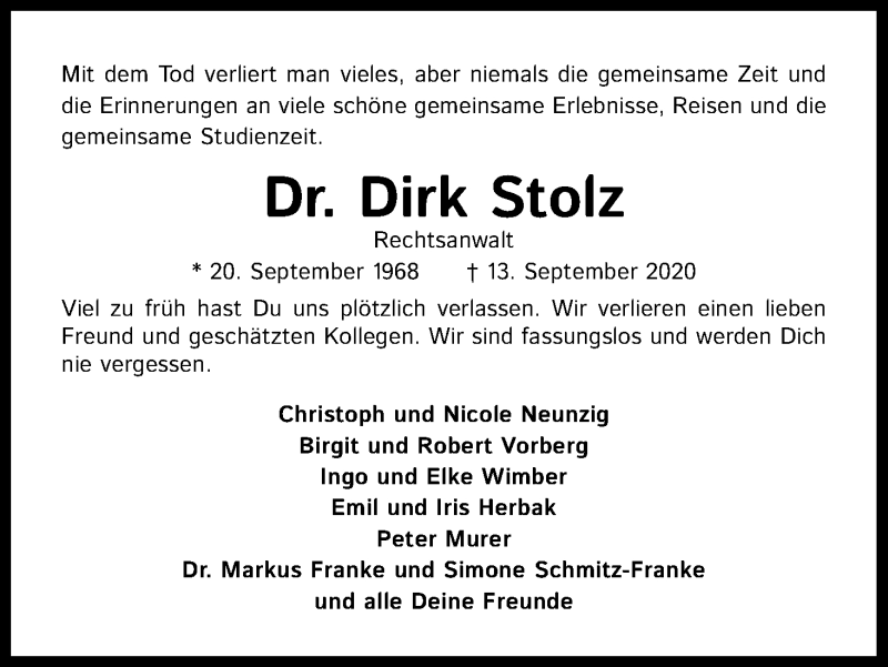  Traueranzeige für Dirk Stolz vom 26.09.2020 aus Kölner Stadt-Anzeiger / Kölnische Rundschau / Express