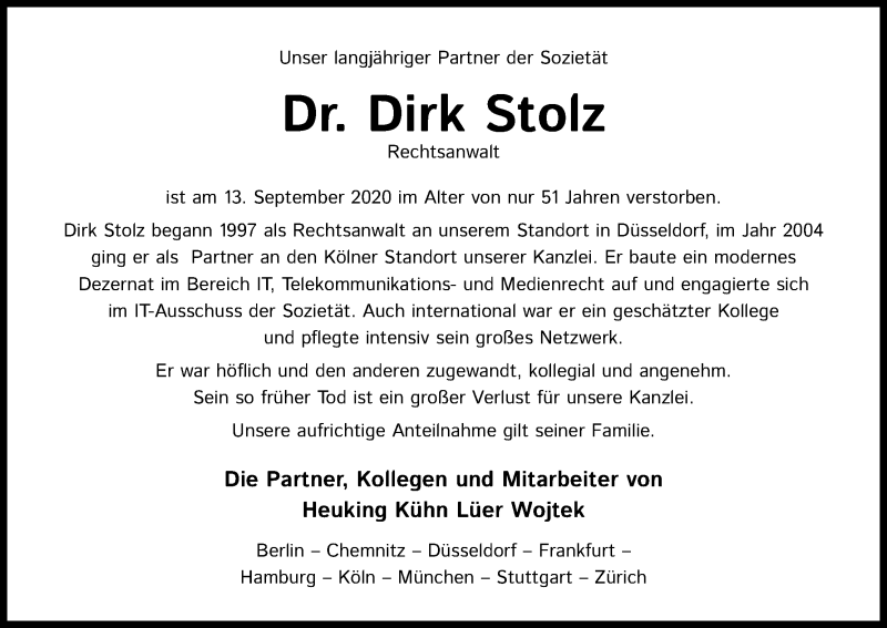  Traueranzeige für Dirk Stolz vom 26.09.2020 aus Kölner Stadt-Anzeiger / Kölnische Rundschau / Express