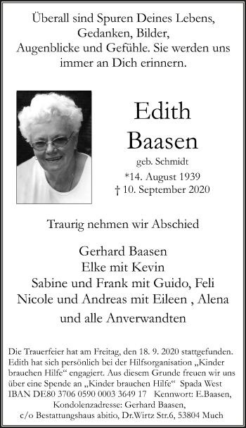 Anzeige von Edith Baasen von  Extra Blatt 