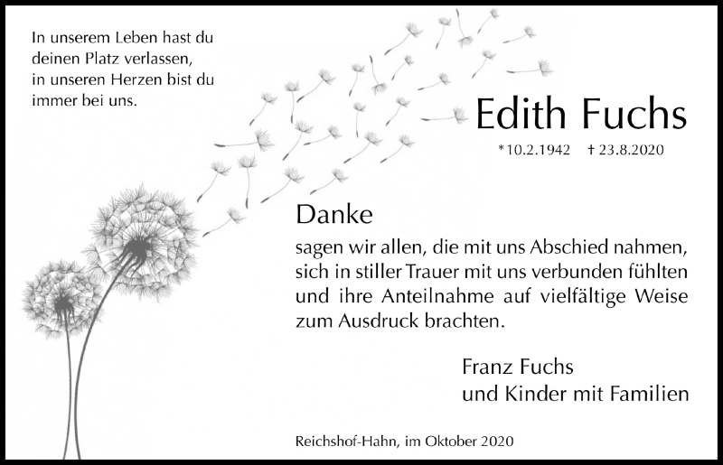  Traueranzeige für Edith Fuchs vom 01.10.2020 aus  Lokalanzeiger 