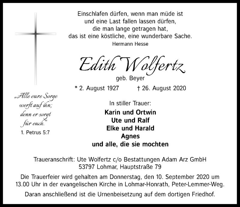  Traueranzeige für Edith Wolfertz vom 05.09.2020 aus Kölner Stadt-Anzeiger / Kölnische Rundschau / Express