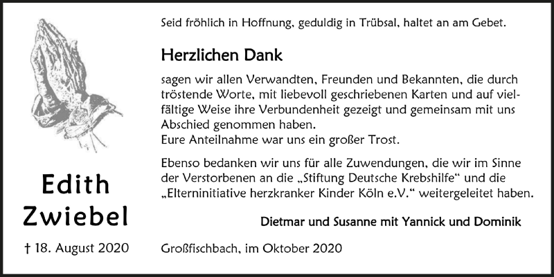  Traueranzeige für Edith Zwiebel vom 01.10.2020 aus  Anzeigen Echo 