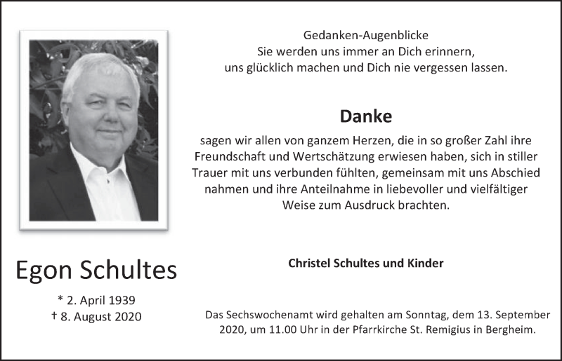  Traueranzeige für Egon Schultes vom 04.09.2020 aus  Werbepost 
