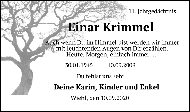  Traueranzeige für Einar Krimmel vom 10.09.2020 aus Kölner Stadt-Anzeiger / Kölnische Rundschau / Express