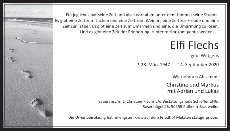  Traueranzeige für Elfi Flechs vom 18.09.2020 aus  Wochenende 