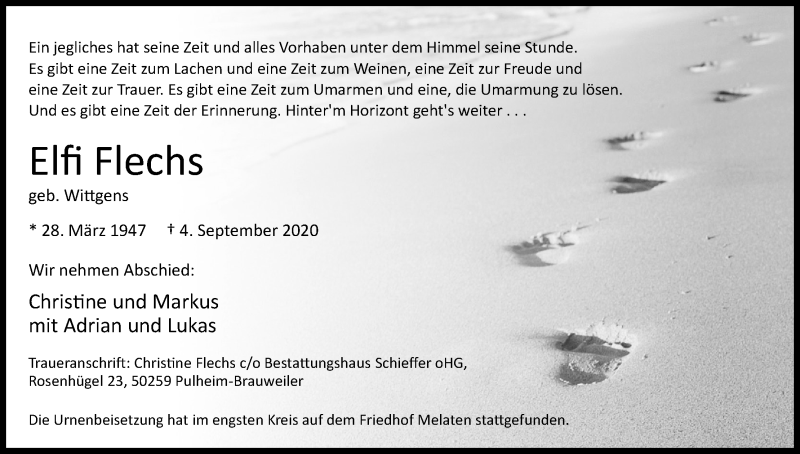  Traueranzeige für Elfi Flechs vom 19.09.2020 aus Kölner Stadt-Anzeiger / Kölnische Rundschau / Express