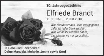 Anzeige von Elfriede Brandt von  Schaufenster/Blickpunkt 