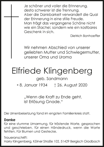 Anzeige von Elfriede Klingenberg von  Bergisches Handelsblatt 