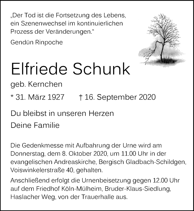  Traueranzeige für Elfriede Schunk vom 01.10.2020 aus  Bergisches Handelsblatt 