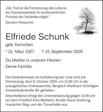 Anzeige von Elfriede Schunk von  Bergisches Handelsblatt 