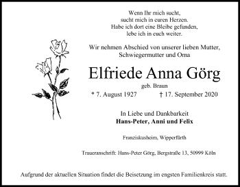 Anzeige von Elfriede Anna Görg von Kölner Stadt-Anzeiger / Kölnische Rundschau / Express