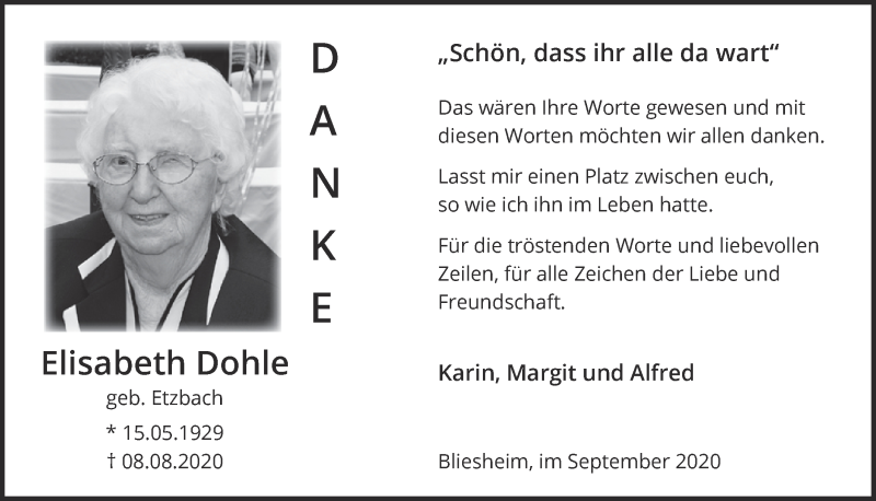  Traueranzeige für Elisabeth Dohle vom 19.09.2020 aus  Blickpunkt Euskirchen 