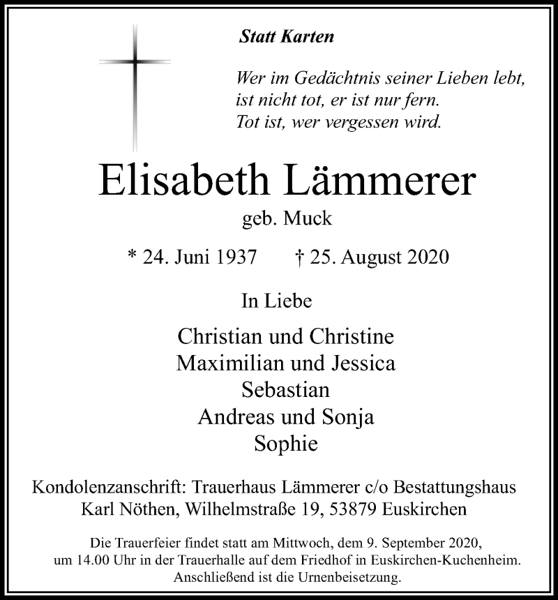  Traueranzeige für Elisabeth Lämmerer vom 05.09.2020 aus Kölner Stadt-Anzeiger / Kölnische Rundschau / Express