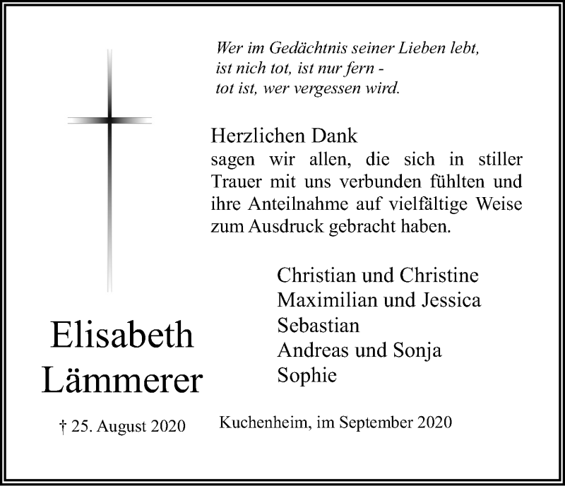 Traueranzeige für Elisabeth Lämmerer vom 19.09.2020 aus Kölner Stadt-Anzeiger / Kölnische Rundschau / Express