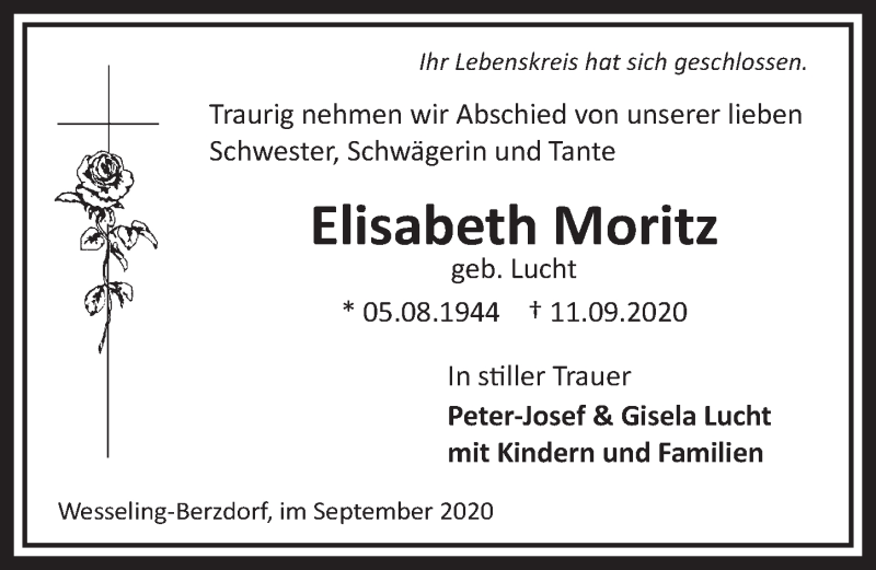  Traueranzeige für Elisabeth Moritz vom 25.09.2020 aus  Schlossbote/Werbekurier 