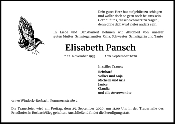 Anzeige von Elisabeth Pansch von Kölner Stadt-Anzeiger / Kölnische Rundschau / Express