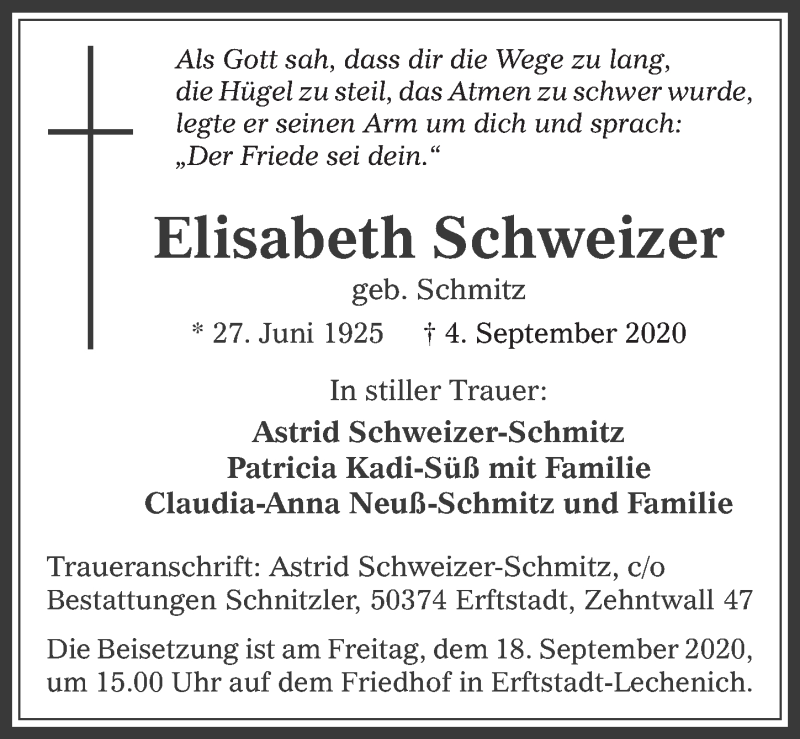  Traueranzeige für Elisabeth Schweizer vom 11.09.2020 aus  Werbepost 