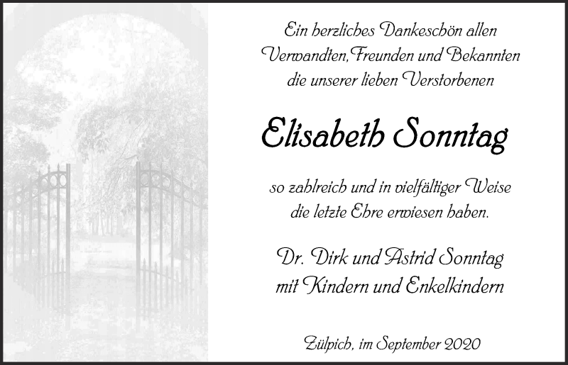  Traueranzeige für Elisabeth Sonntag vom 19.09.2020 aus  Blickpunkt Euskirchen 