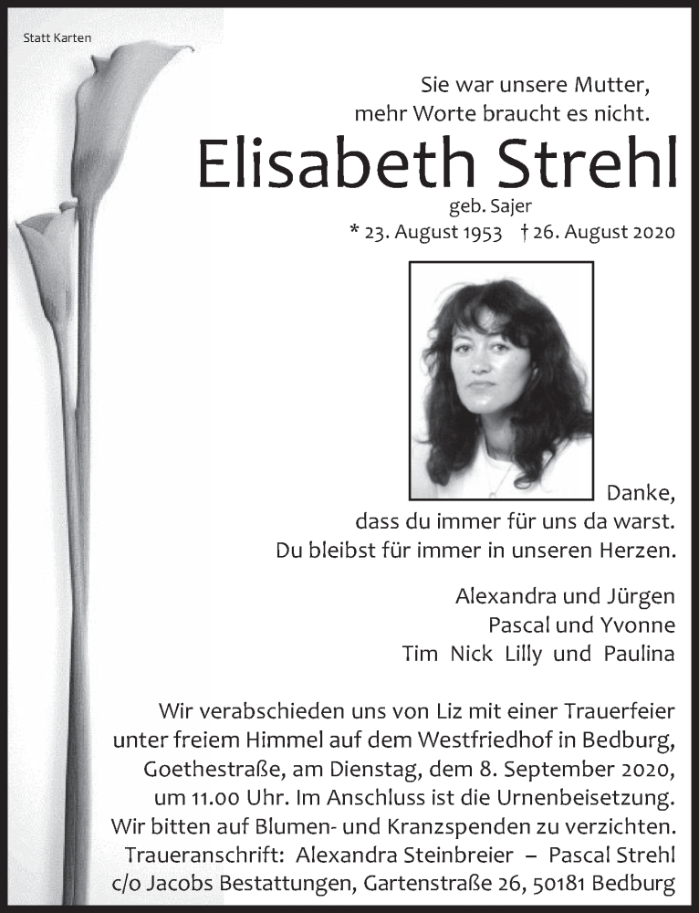  Traueranzeige für Elisabeth Strehl vom 04.09.2020 aus  Werbepost 