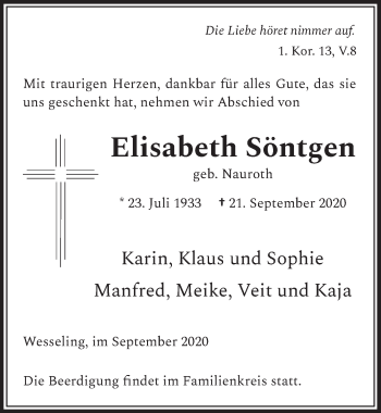 Anzeige von Elisabeth Söntgen von  Schlossbote/Werbekurier 