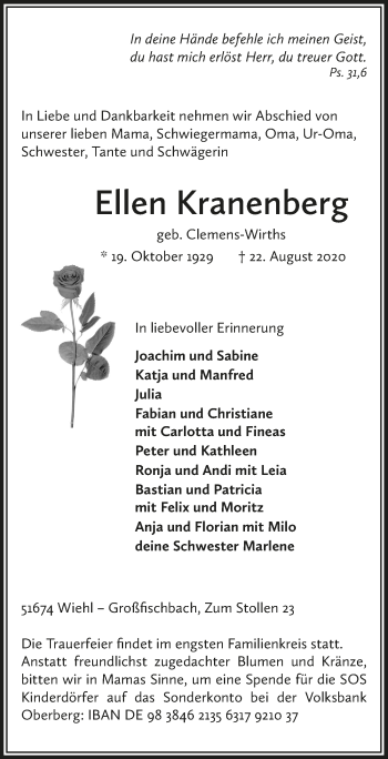 Anzeige von Ellen Kranenberg von  Anzeigen Echo 