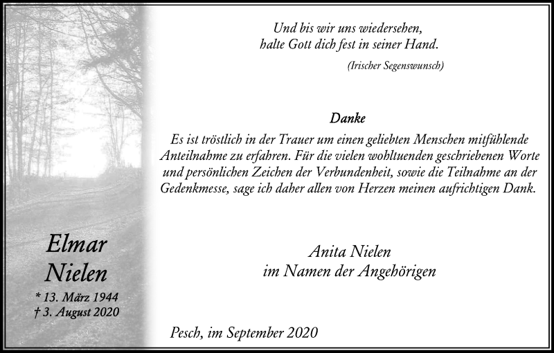  Traueranzeige für Elmar Nielen vom 12.09.2020 aus Kölner Stadt-Anzeiger / Kölnische Rundschau / Express