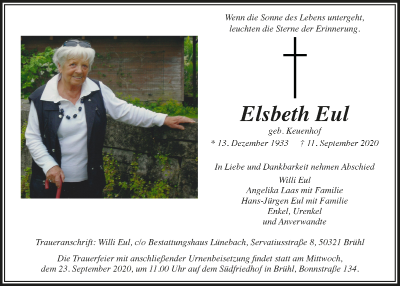  Traueranzeige für Elsbeth Eul vom 18.09.2020 aus  Schlossbote/Werbekurier 