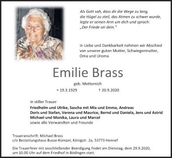 Anzeige von Emilie Brass von Kölner Stadt-Anzeiger / Kölnische Rundschau / Express