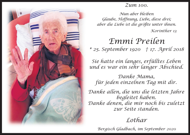  Traueranzeige für Emmi Preilen vom 25.09.2020 aus Kölner Stadt-Anzeiger / Kölnische Rundschau / Express