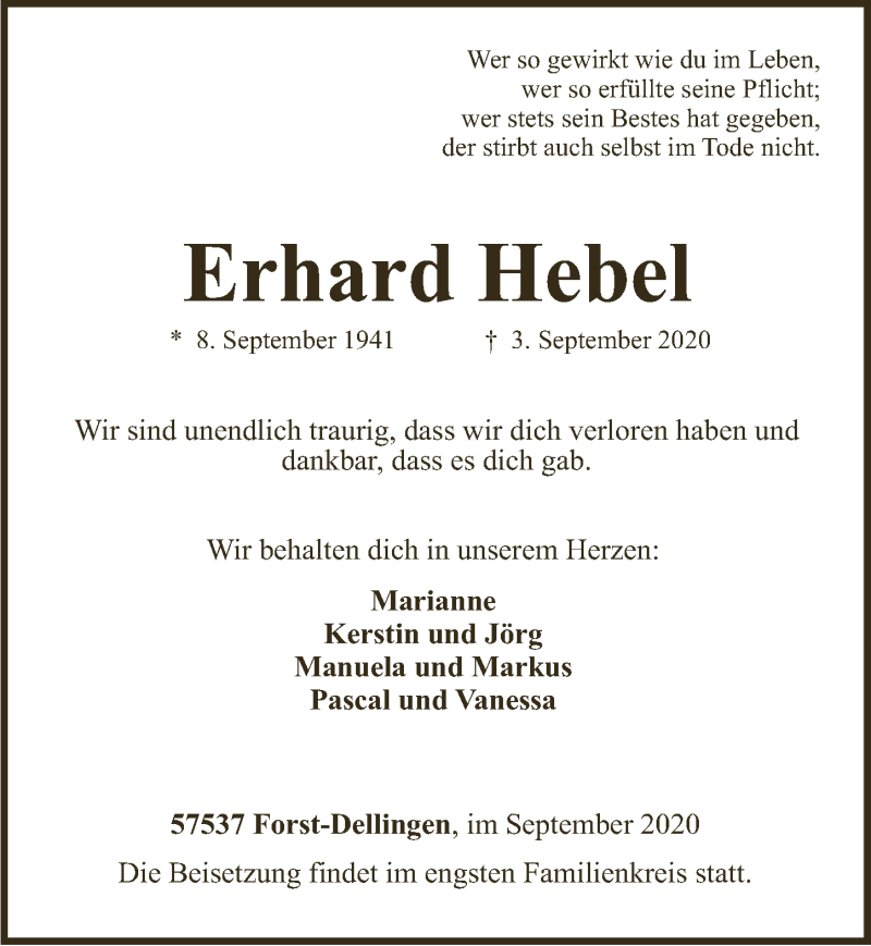  Traueranzeige für Erhard Hebel vom 11.09.2020 aus  Lokalanzeiger 