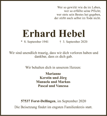 Anzeige von Erhard Hebel von  Lokalanzeiger 