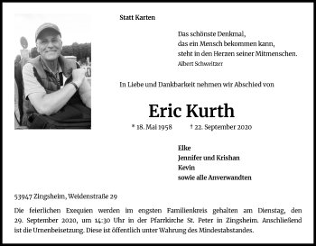 Anzeige von Eric Kurth von Kölner Stadt-Anzeiger / Kölnische Rundschau / Express