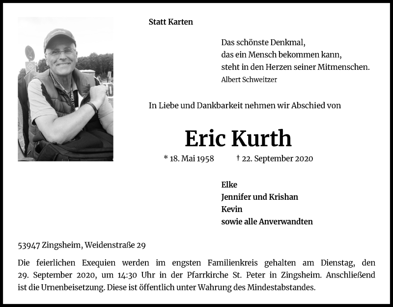  Traueranzeige für Eric Kurth vom 26.09.2020 aus Kölner Stadt-Anzeiger / Kölnische Rundschau / Express