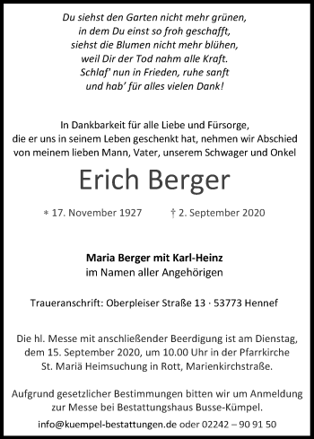 Anzeige von Erich Berger von Kölner Stadt-Anzeiger / Kölnische Rundschau / Express