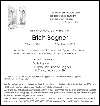 Anzeige von Erich Bogner von Kölner Stadt-Anzeiger / Kölnische Rundschau / Express