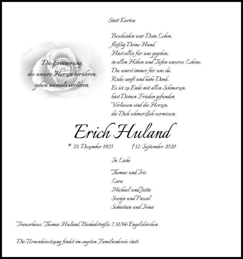  Traueranzeige für Erich Huland vom 23.09.2020 aus Kölner Stadt-Anzeiger / Kölnische Rundschau / Express