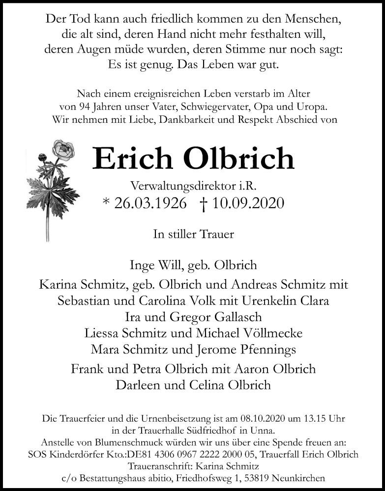  Traueranzeige für Erich Olbrich vom 19.09.2020 aus Kölner Stadt-Anzeiger / Kölnische Rundschau / Express