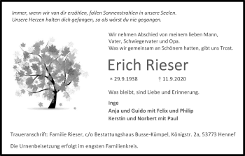 Anzeige von Erich Rieser von Kölner Stadt-Anzeiger / Kölnische Rundschau / Express