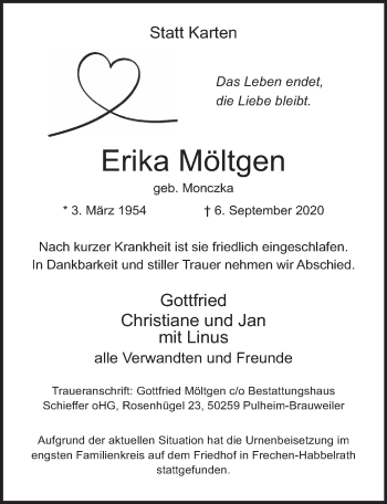 Anzeige von Erika Möltgen von  Wochenende 