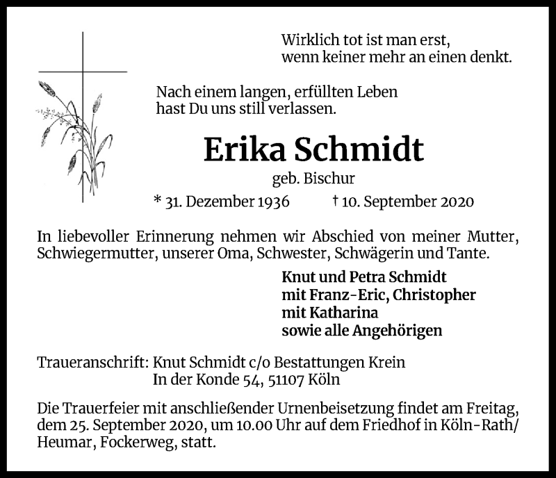  Traueranzeige für Erika Schmidt vom 19.09.2020 aus Kölner Stadt-Anzeiger / Kölnische Rundschau / Express