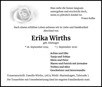 Anzeige von Erika Wirths von Kölner Stadt-Anzeiger / Kölnische Rundschau / Express