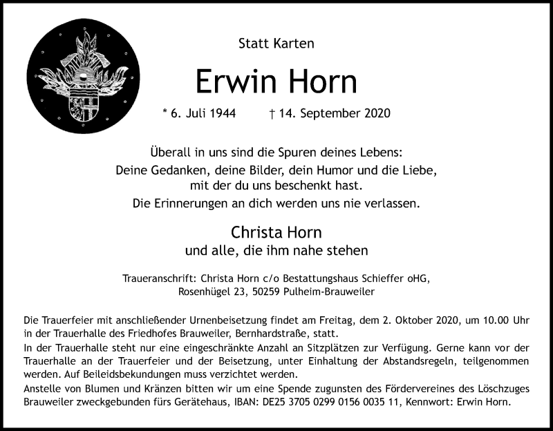  Traueranzeige für Erwin Horn vom 26.09.2020 aus Kölner Stadt-Anzeiger / Kölnische Rundschau / Express