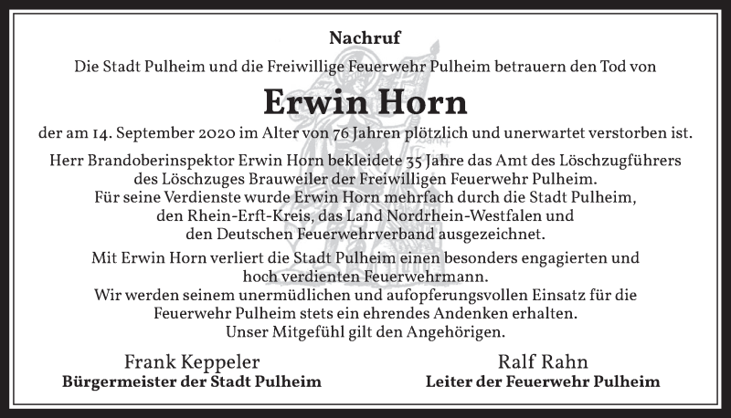  Traueranzeige für Erwin Horn vom 25.09.2020 aus  Wochenende 