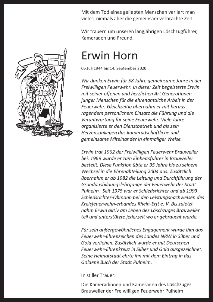  Traueranzeige für Erwin Horn vom 25.09.2020 aus  Wochenende 