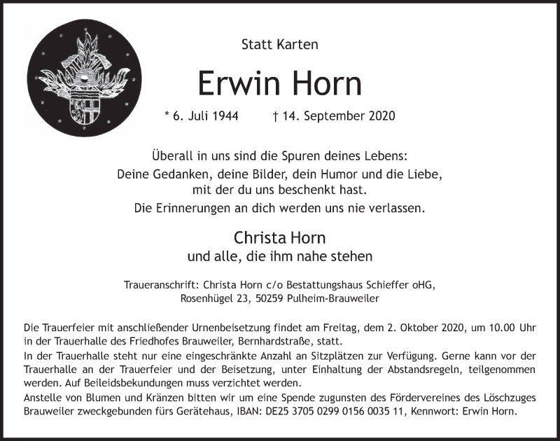  Traueranzeige für Erwin Horn vom 25.09.2020 aus  Wochenende 