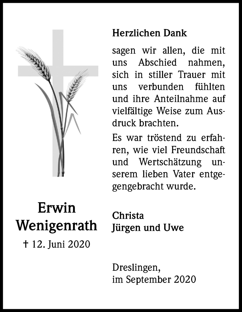  Traueranzeige für Erwin Wenigenrath vom 05.09.2020 aus Kölner Stadt-Anzeiger / Kölnische Rundschau / Express